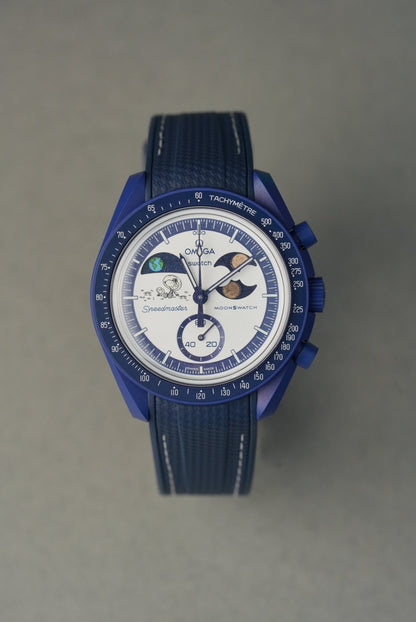 MoonSwatch EarthPhase Moonshine Gold Curved Rubber Strap — Navy with White Stitch
