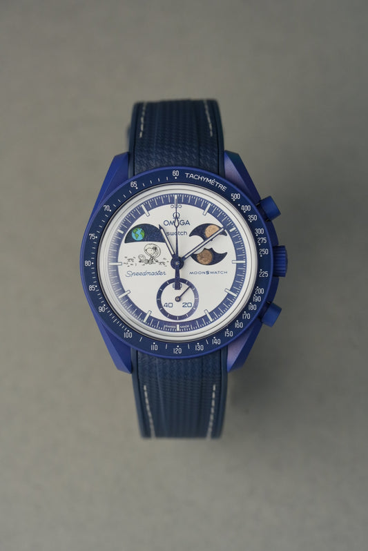 MoonSwatch EarthPhase Moonshine Gold Curved Rubber Strap — Navy with White Stitch