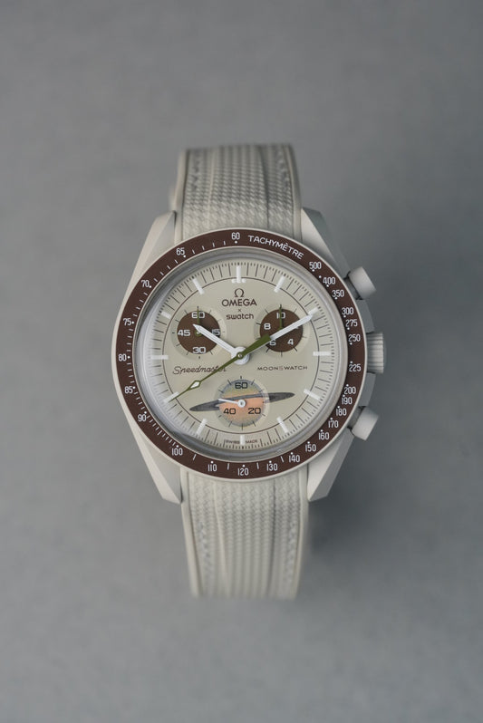 MoonSwatch Saturn Rubber Woven Strap — Stone with White Stitch
