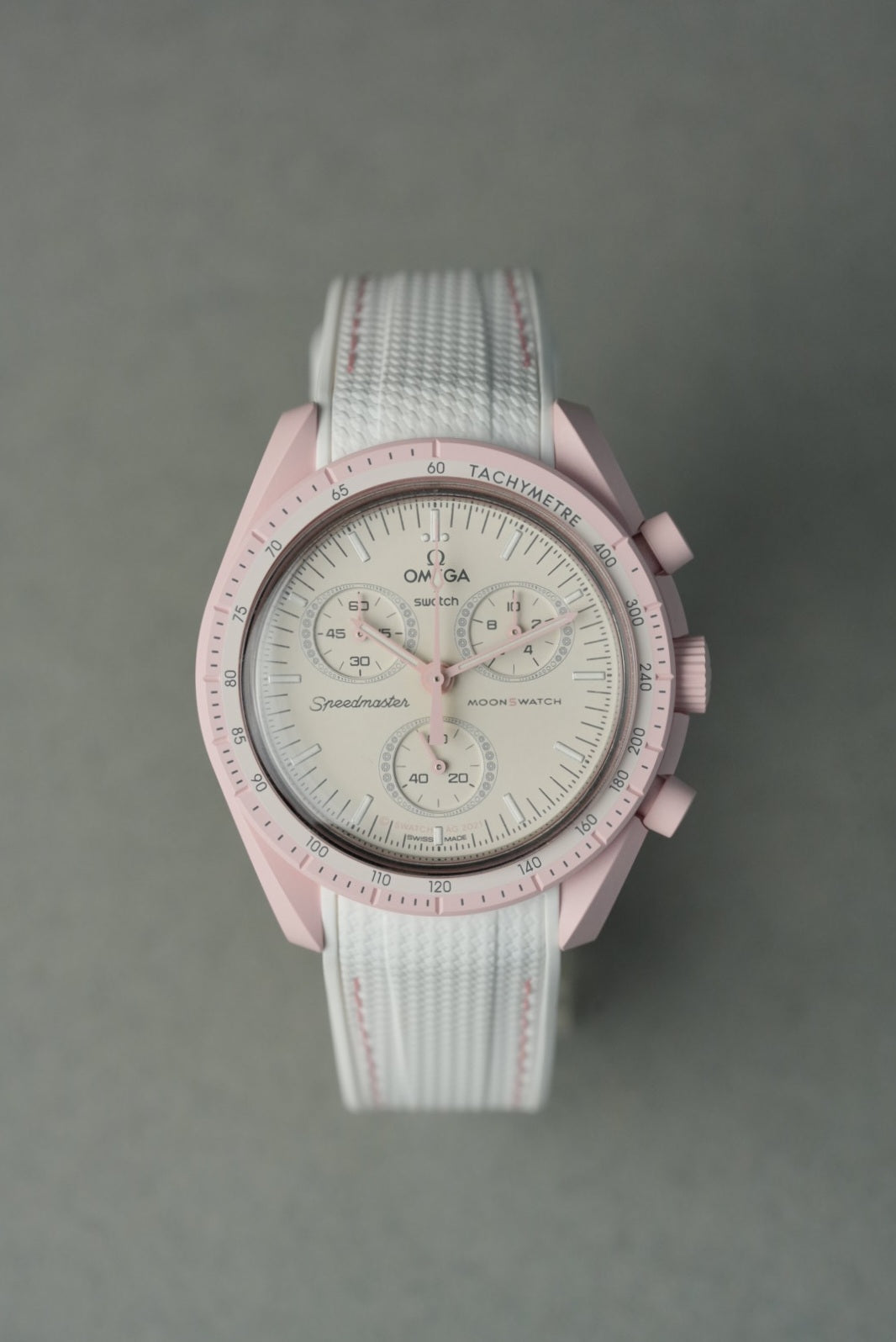 MoonSwatch Venus Rubber Woven Strap — White with Pink Stitch