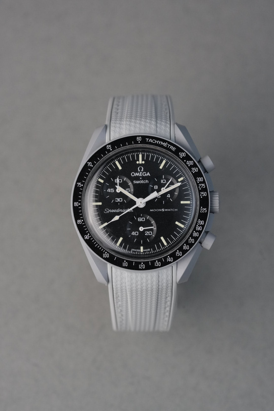 MoonSwatch Moon Rubber Woven Strap — Light Grey with White Stitch