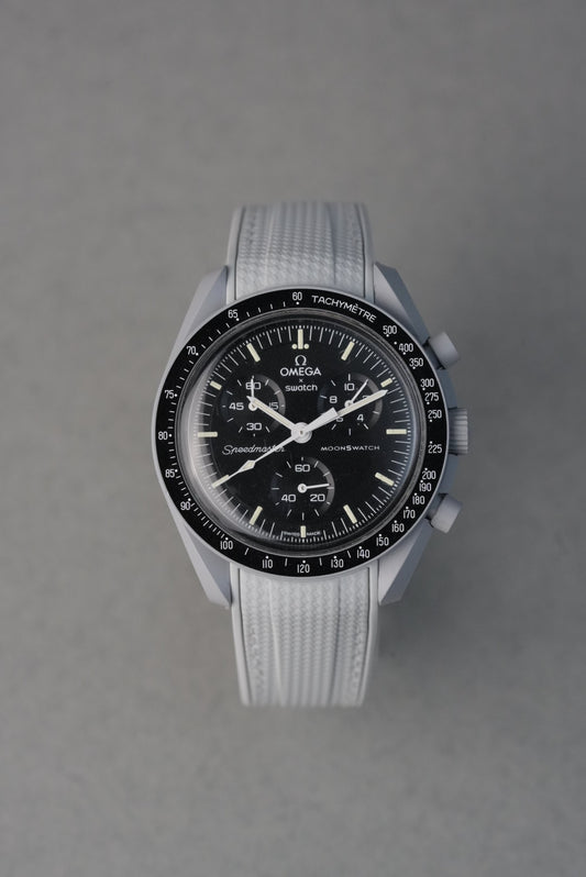 MoonSwatch Moon Rubber Woven Strap — Light Grey with White Stitch