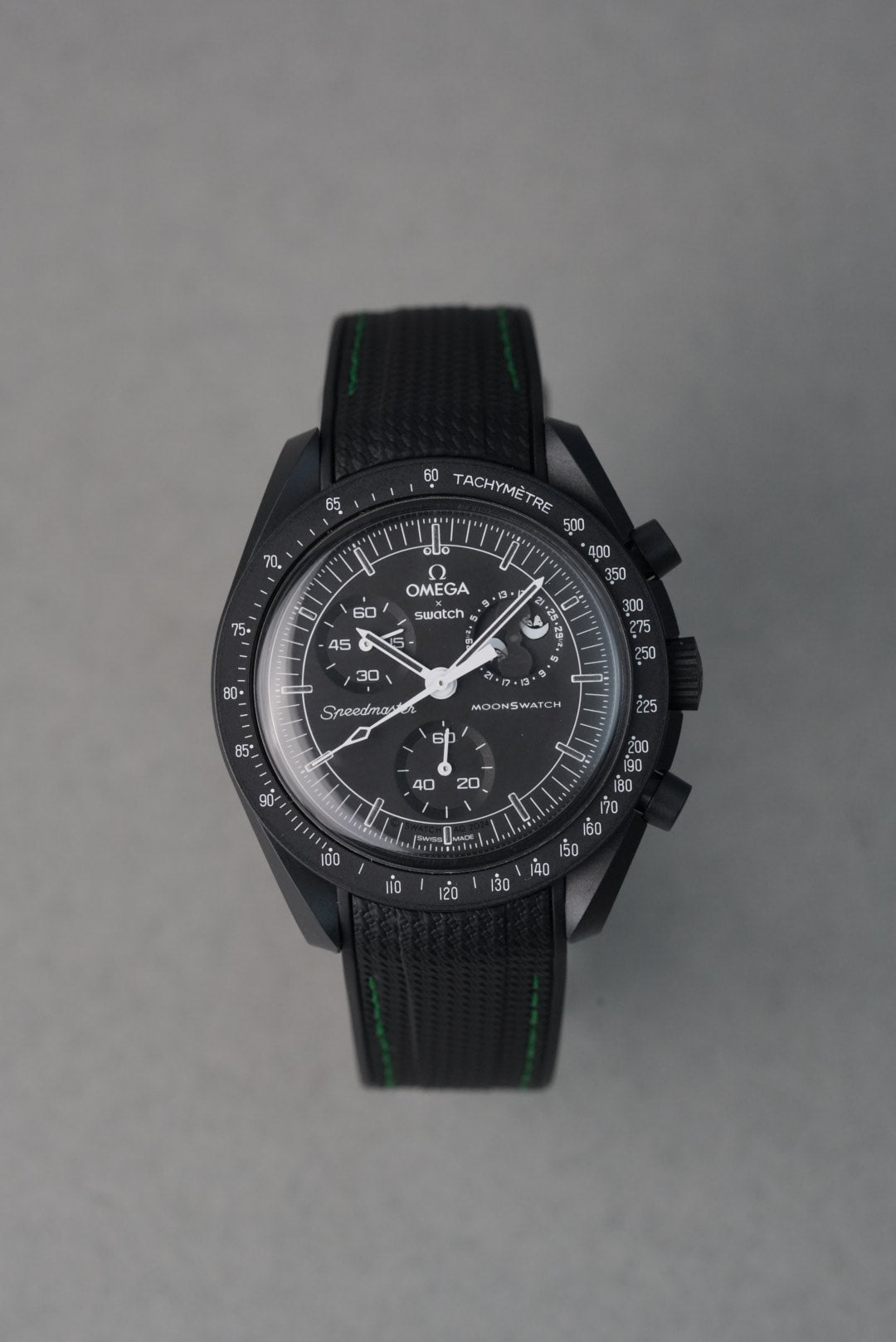 Rubber Curved Strap for Omega x Swatch MoonSwatch – Mission to the MoonPhase – Black With Green Stitch