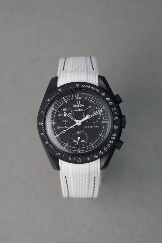 MoonSwatch Snoopy Rubber Woven Strap — White with Black Stitch
