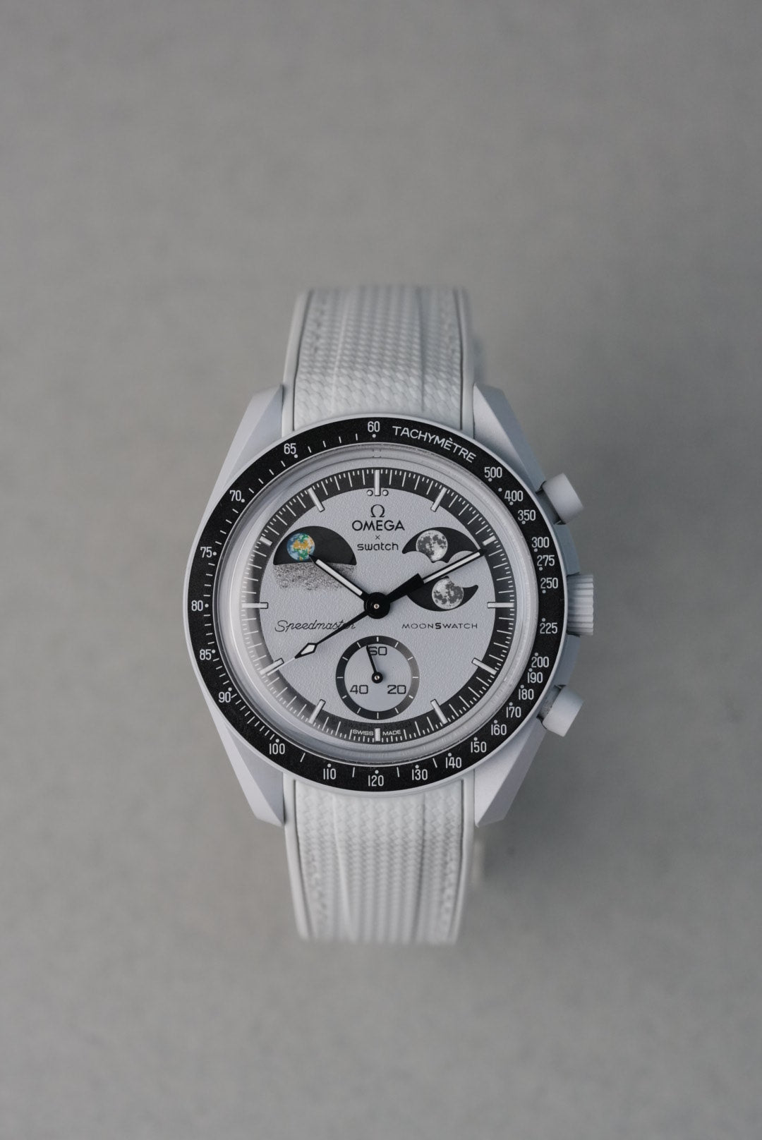 MoonSwatch EarthPhase Rubber Woven Strap — Light Grey with White Stitch