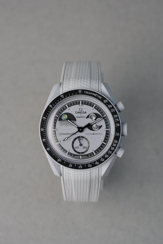 MoonSwatch EarthPhase Rubber Woven Strap — Light Grey with White Stitch