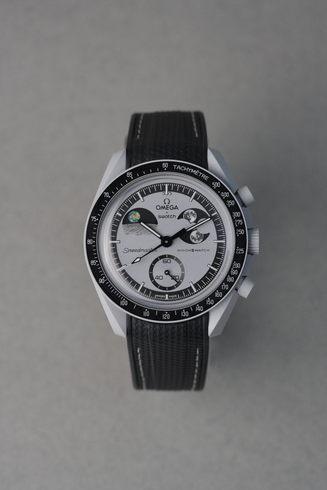 MoonSwatch EarthPhase Rubber Woven Strap — Black with White Stitch