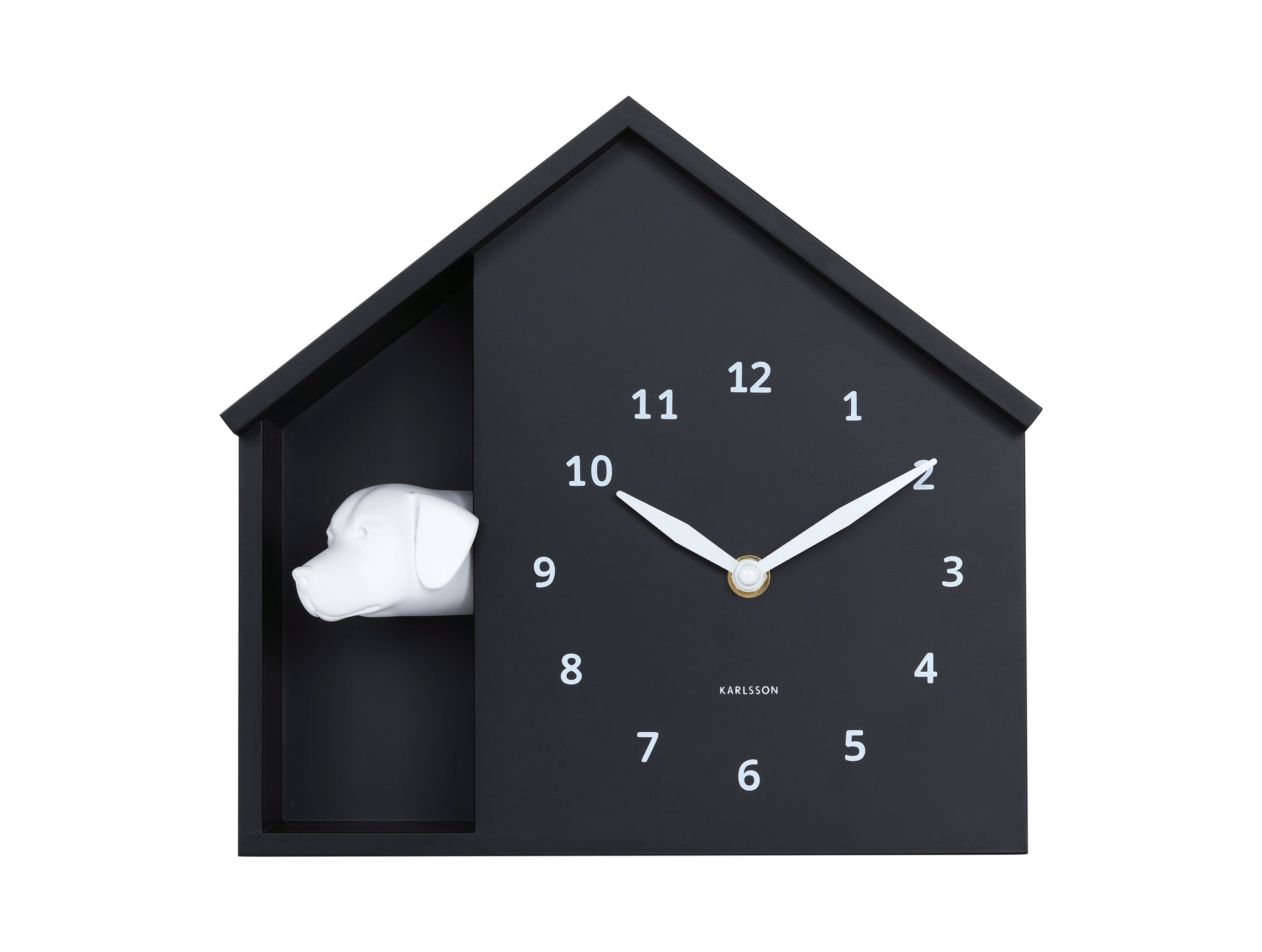 Black house-shaped clock with white rabbit inside on a white background