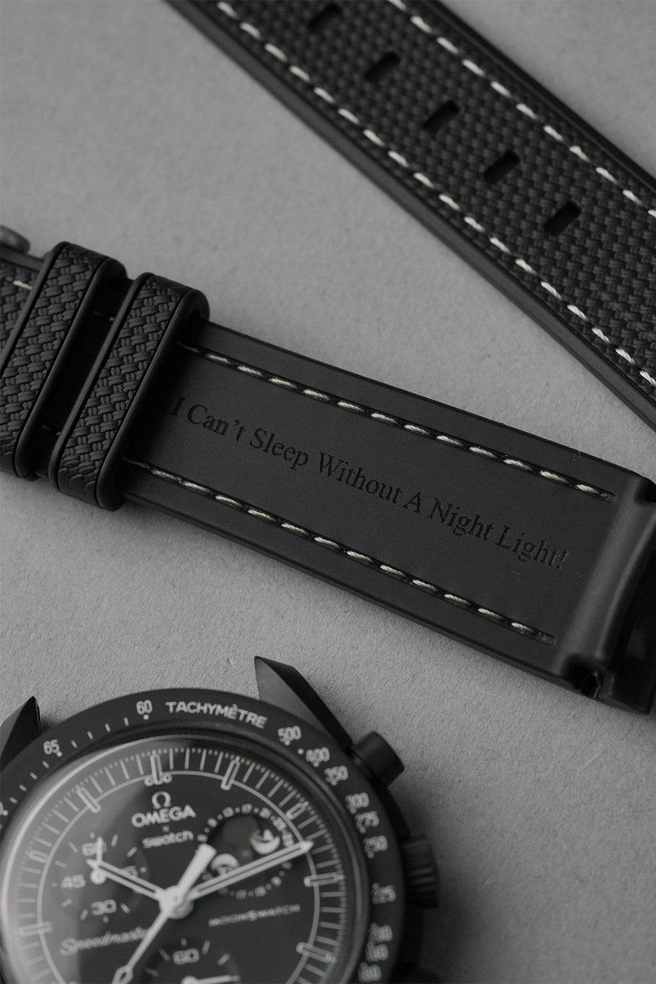 MoonSwatch Snoopy Engraved Rubber Strap — "I Can't Sleep Without A Night Light"