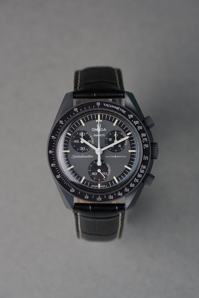 Black watch with detailed face on a gray background