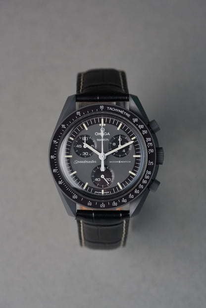 Black watch with detailed face on a gray background
