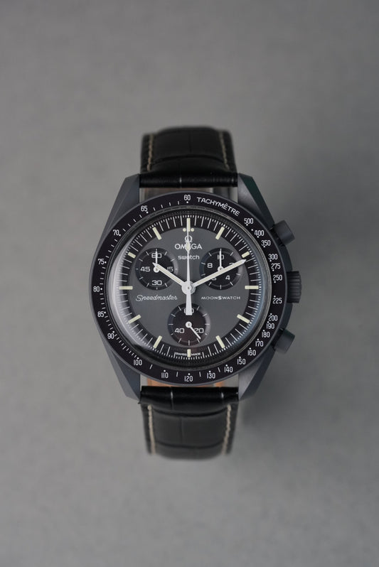 Black watch with detailed face on a gray background