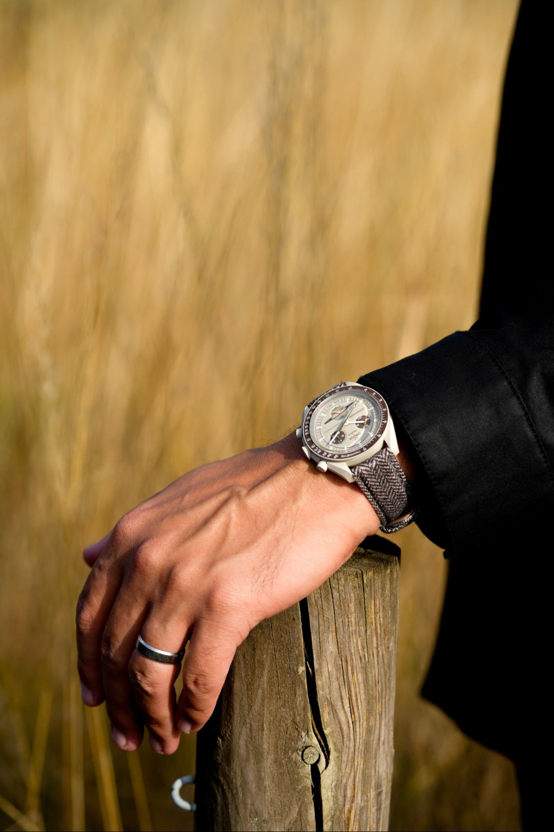Hand wearing a watch with a blurred natural background