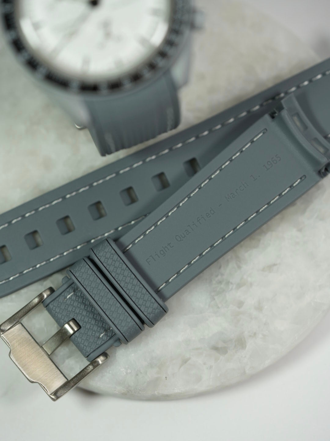 MoonSwatch 1965 Engraved Rubber Woven Strap — "Flight Qualified"