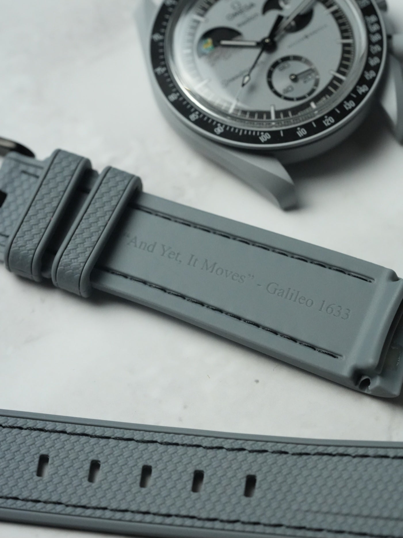 Omega X Swatch EarthPhase "Galileo" MoonSwatch Strap: Grey & Black Rubber Woven