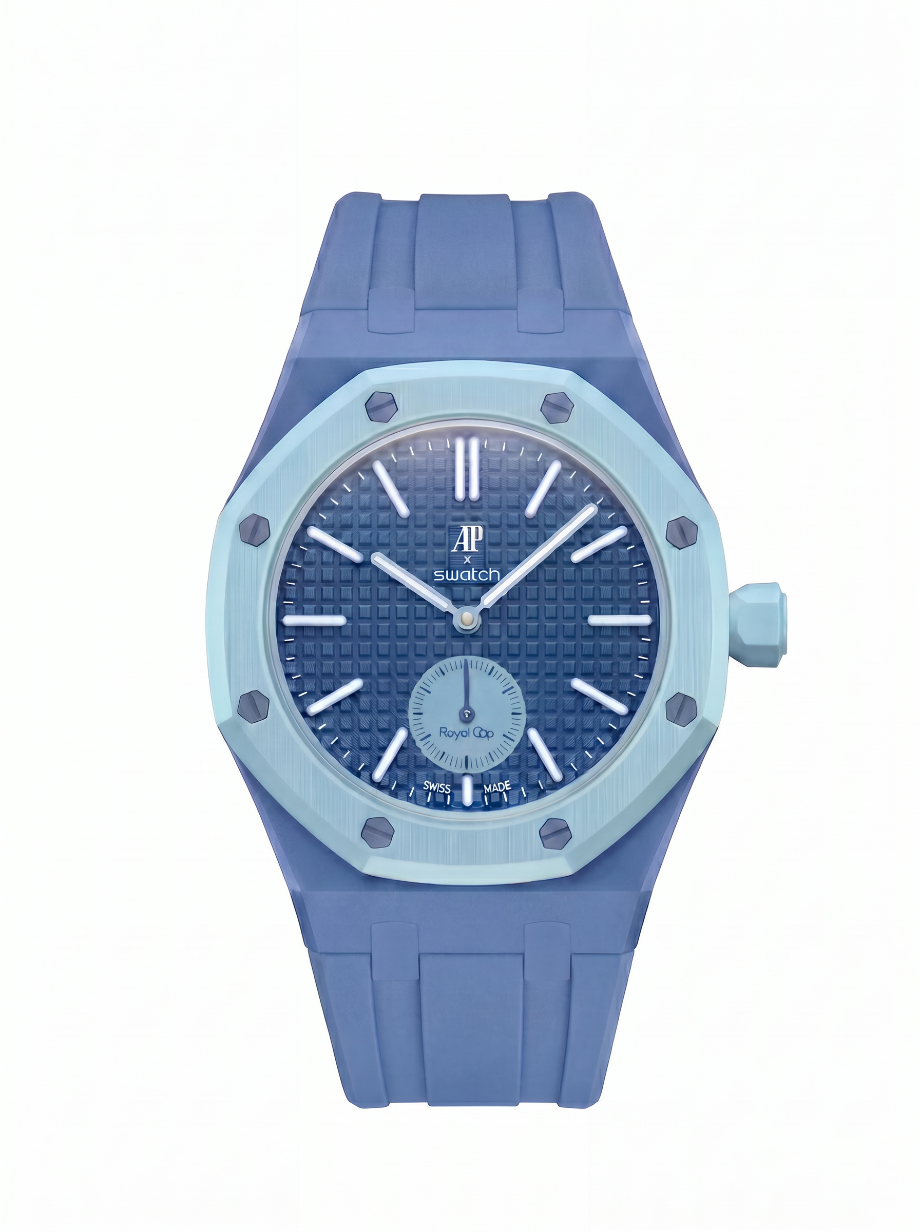 A blue and light blue wristwatch with a textured blue dial, light blue bezel, and blue silicone strap, shown against a plain white background.