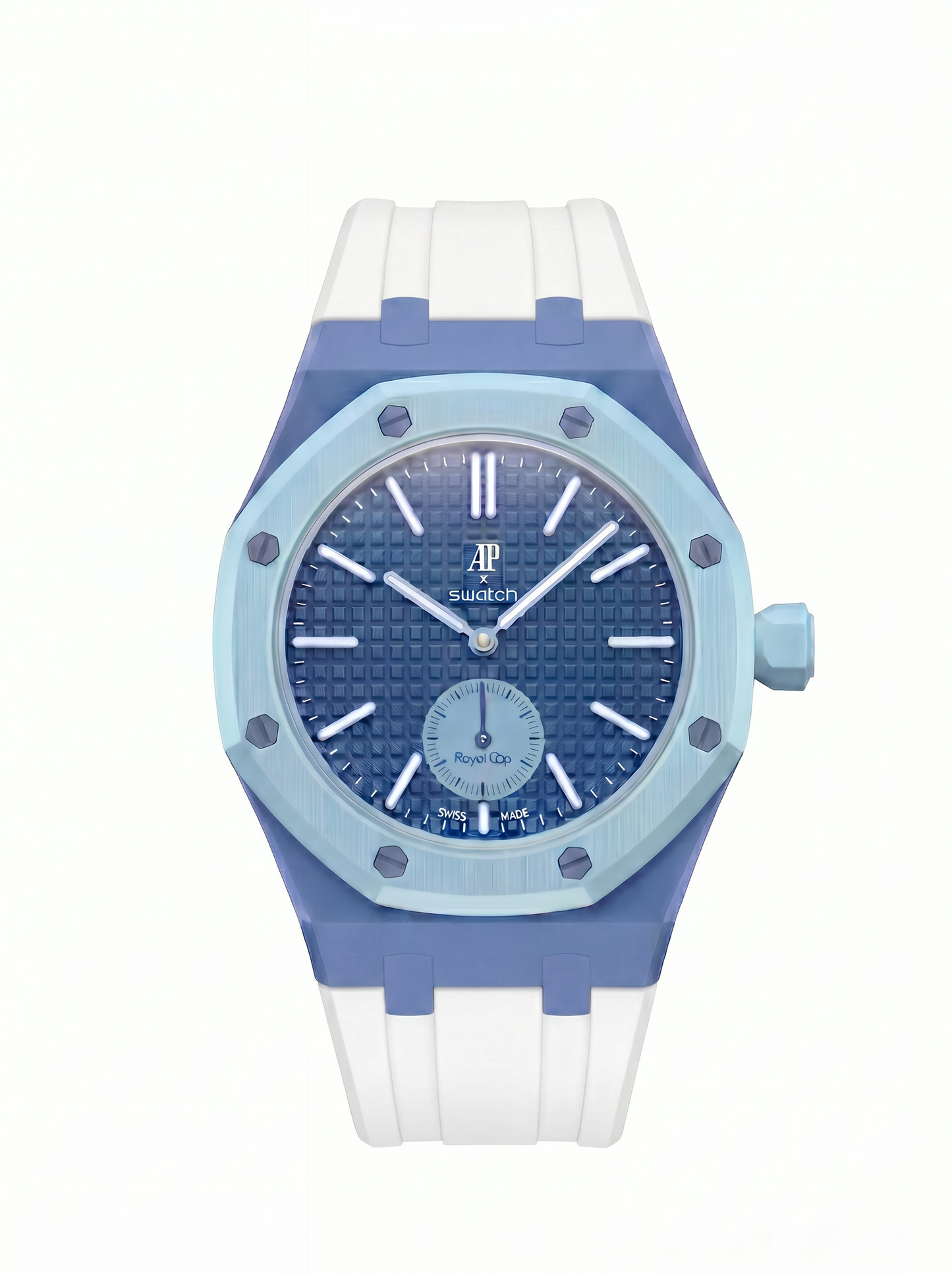 Auberdock Royal Oak watch featuring a textured blue dial, a light blue bezel with screw details, and a white rubber strap, shown against a plain white background.