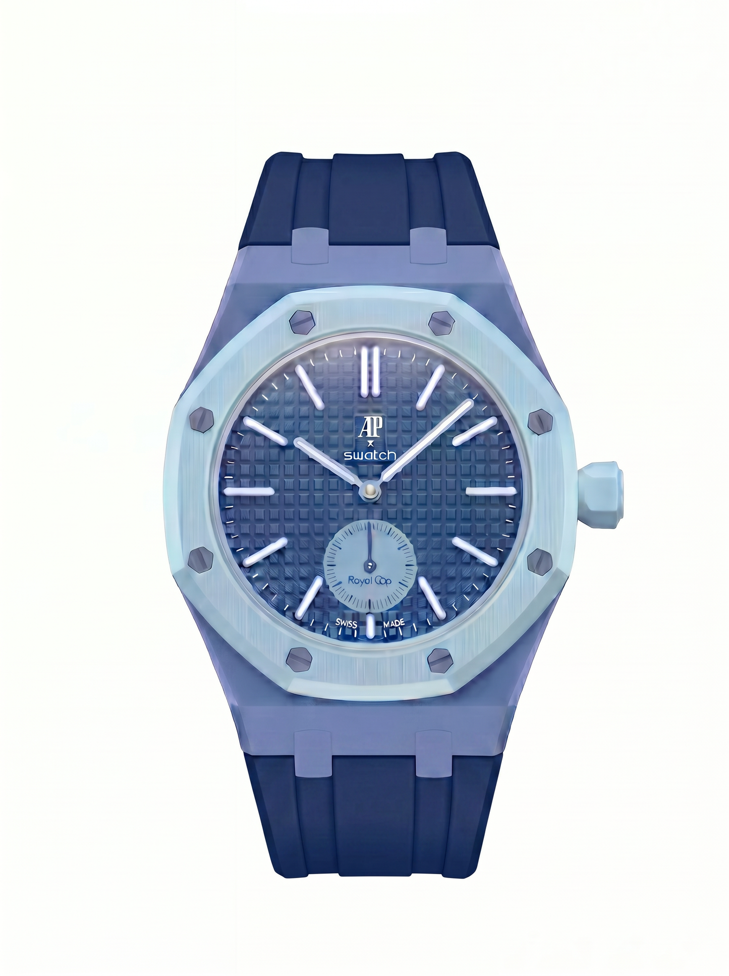 A luxury wristwatch featuring a textured blue dial, a light blue bezel with visible screws, and a dark blue rubber strap, shown against a plain white background.