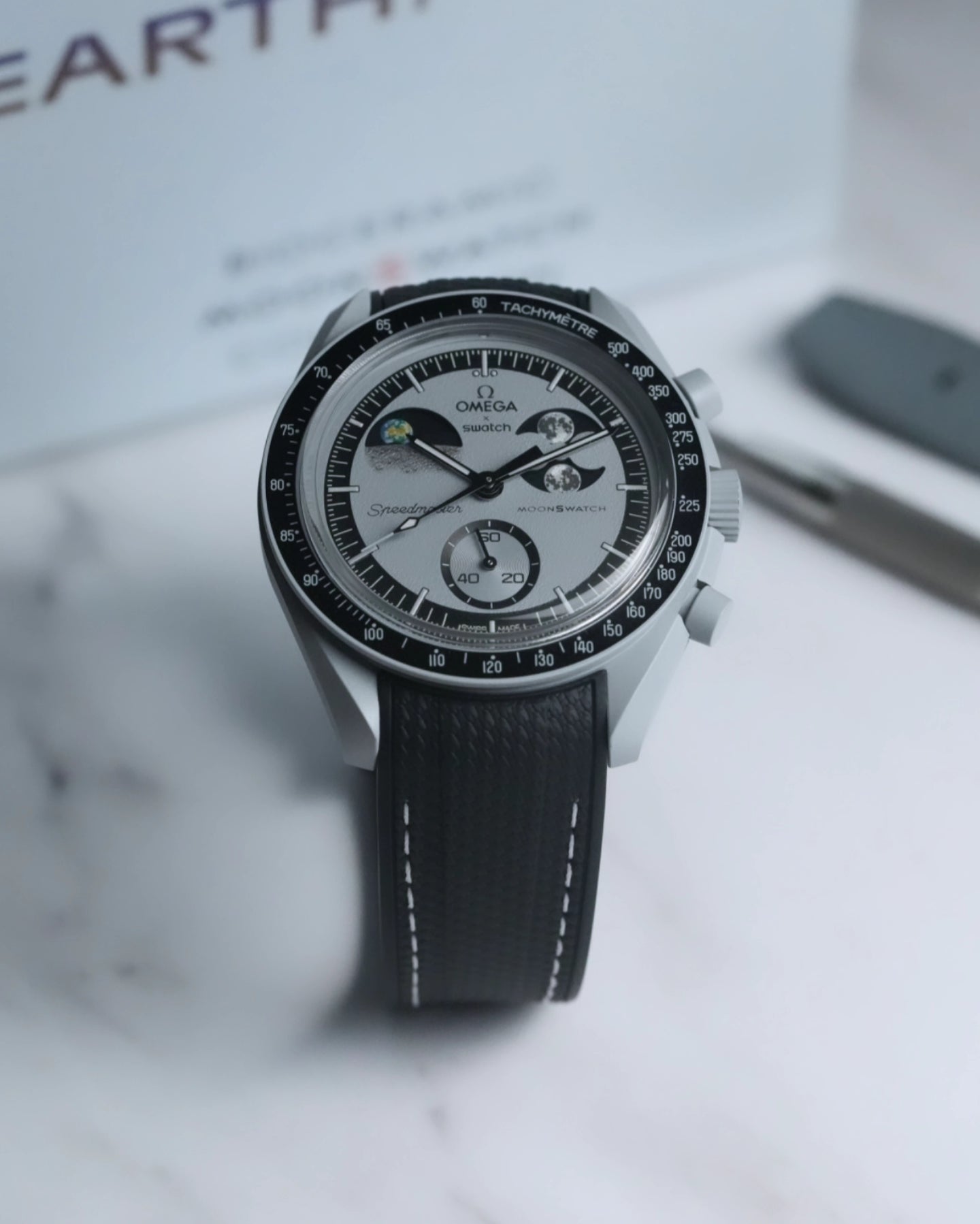 Omega X Swatch EarthPhase "Galileo" MoonSwatch Strap: Black & Grey Rubber Woven