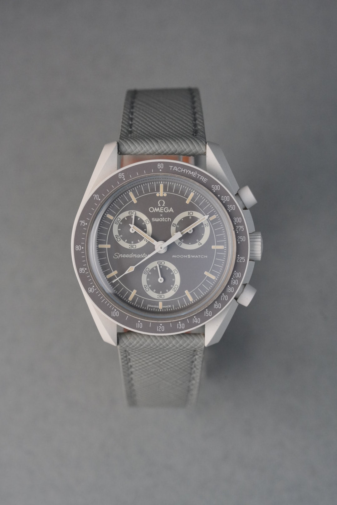 Italian Saffiano Leather Watch Strap for Omega x Swatch MoonSwatch – Mission on Earth: Desert – Grey