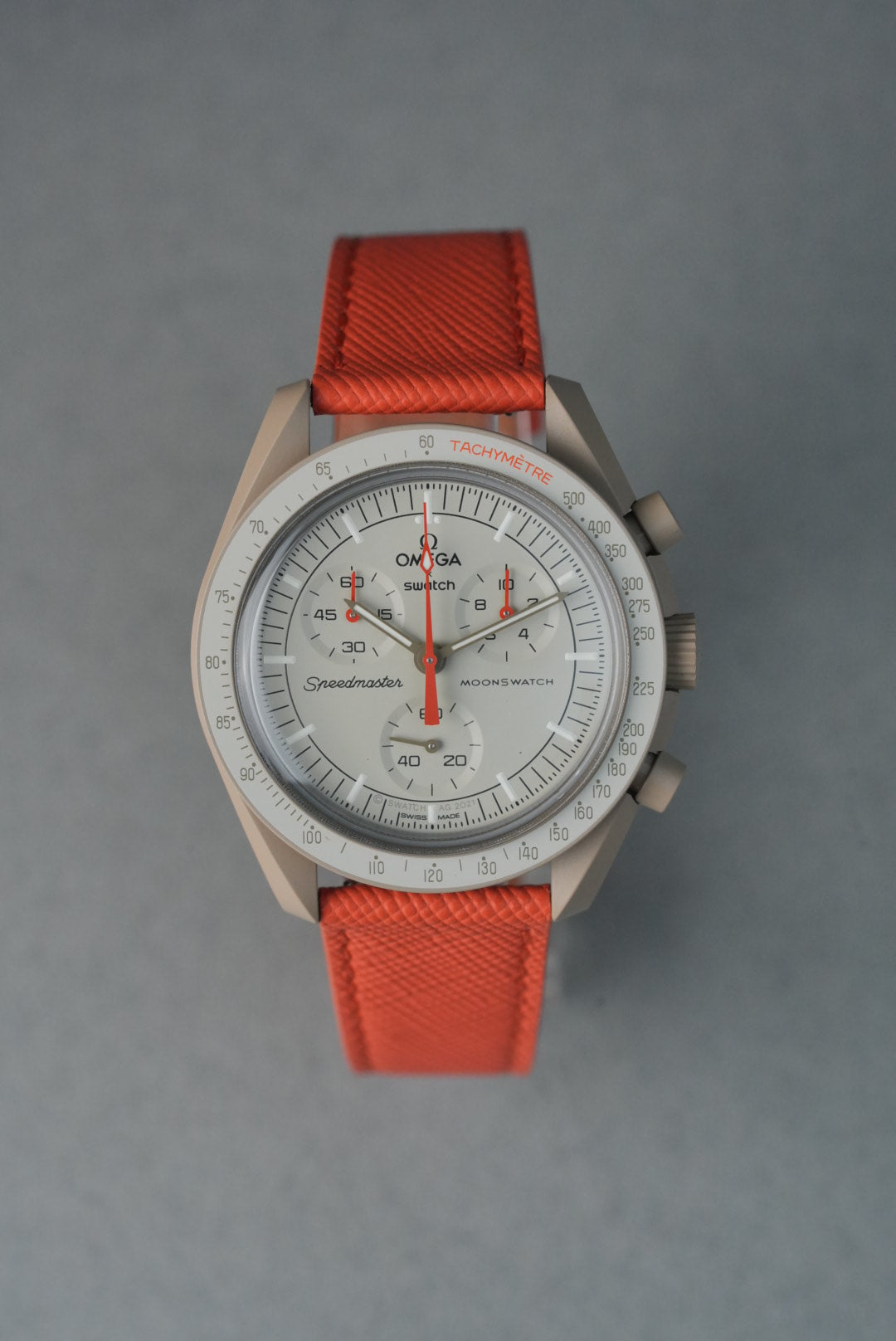 Italian Saffiano Leather Watch Strap for Swatch x Omega MoonSwatch - Mission to Jupiter - Orange