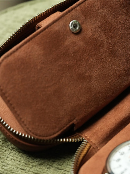 Leather Zip Pouch for Two Watches - Tan