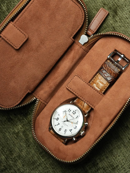 Leather Zip Pouch for Two Watches - Tan