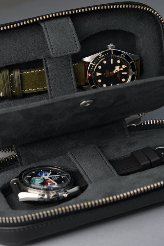 Leather Zip Pouch for Two Watches - Black
