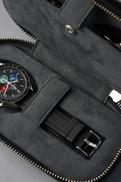Black leather wallet with a watch on top against a gray background