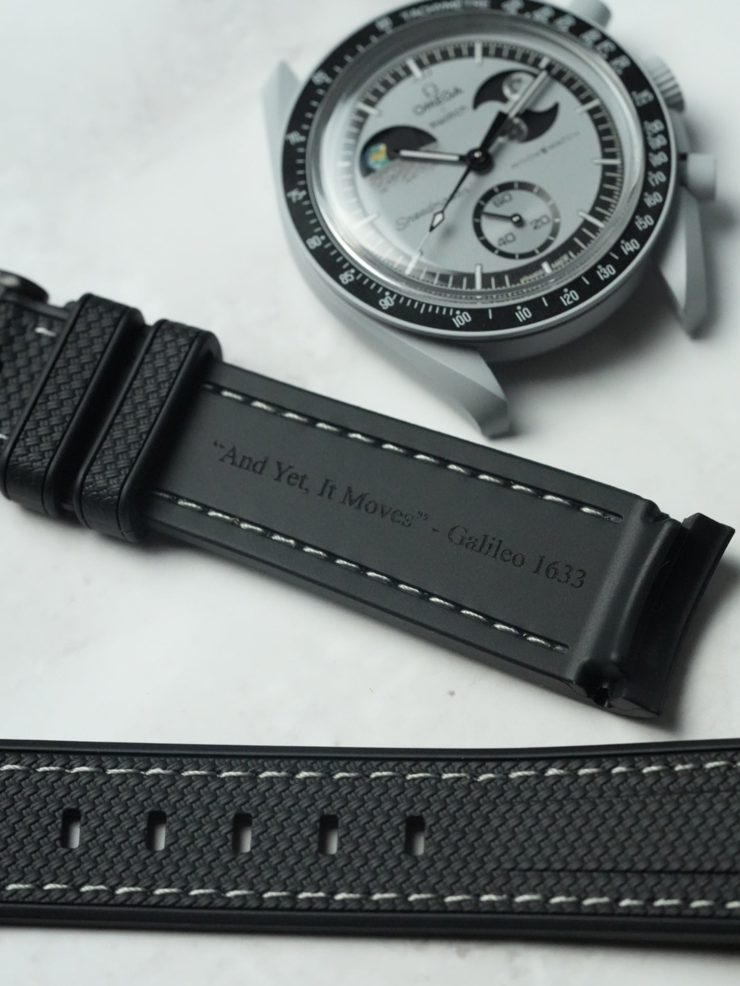 Omega X Swatch EarthPhase "Galileo" MoonSwatch Strap: Black & Grey Rubber Woven