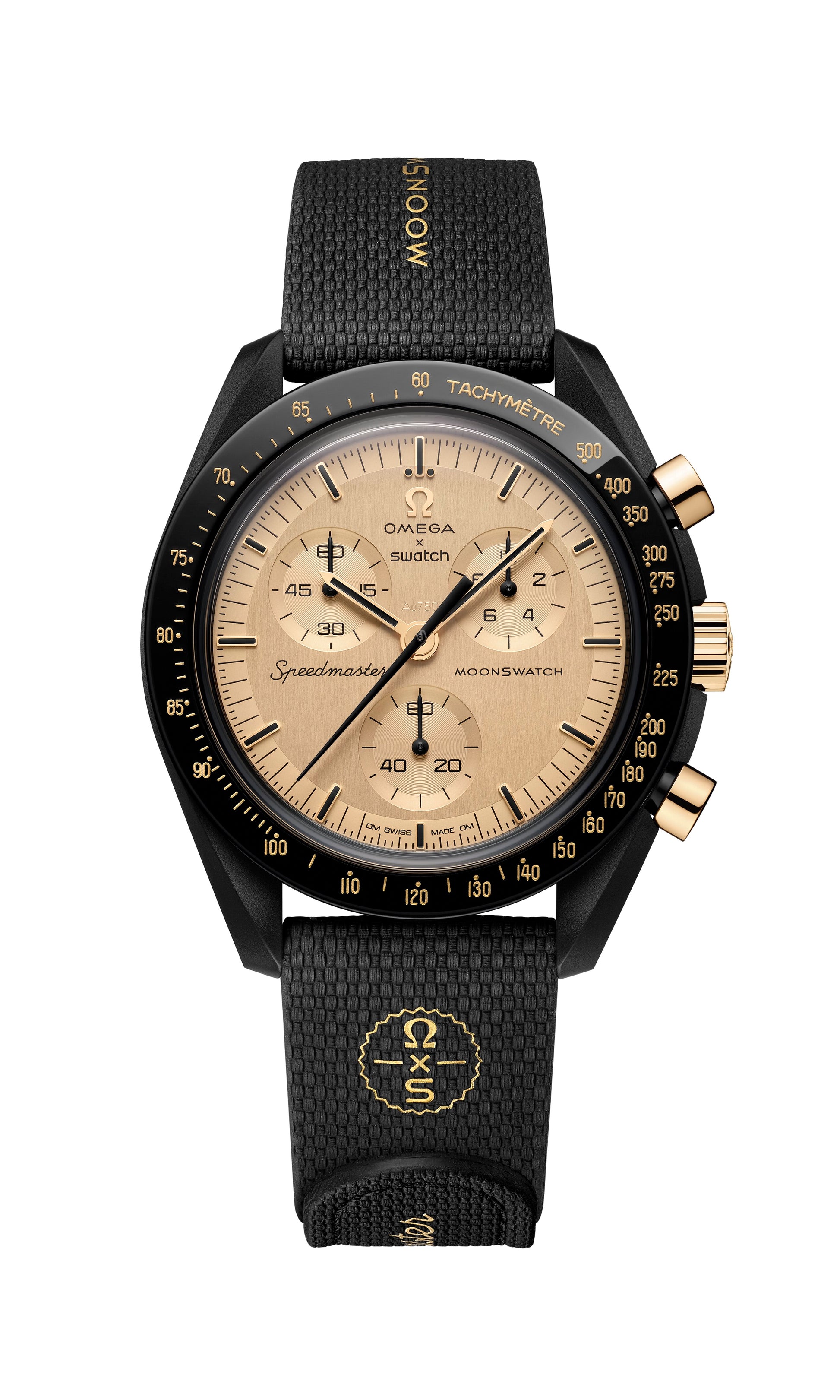Omega x Swatch Grandmaster Moonwatch with a black textured strap, black bezel, and a champagne dial with gold accents.