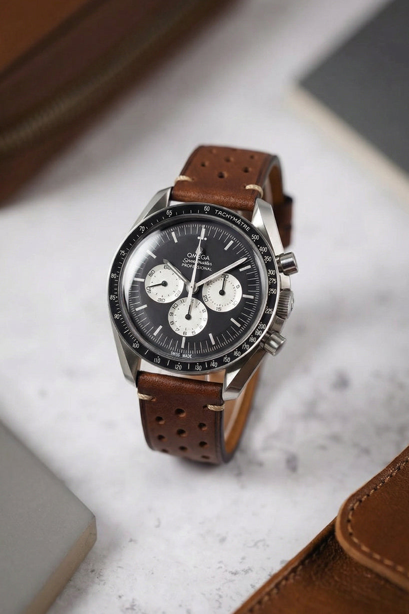 Omega Speedmaster Professional perforated leather strap lifestyle shot
