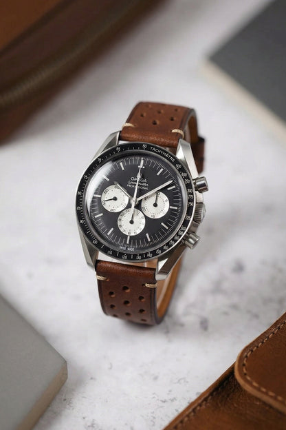 Omega Speedmaster Professional perforated leather strap lifestyle shot
