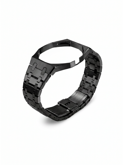 A black metal link watch band with a geometric, angular design, displayed on a clean white background.
