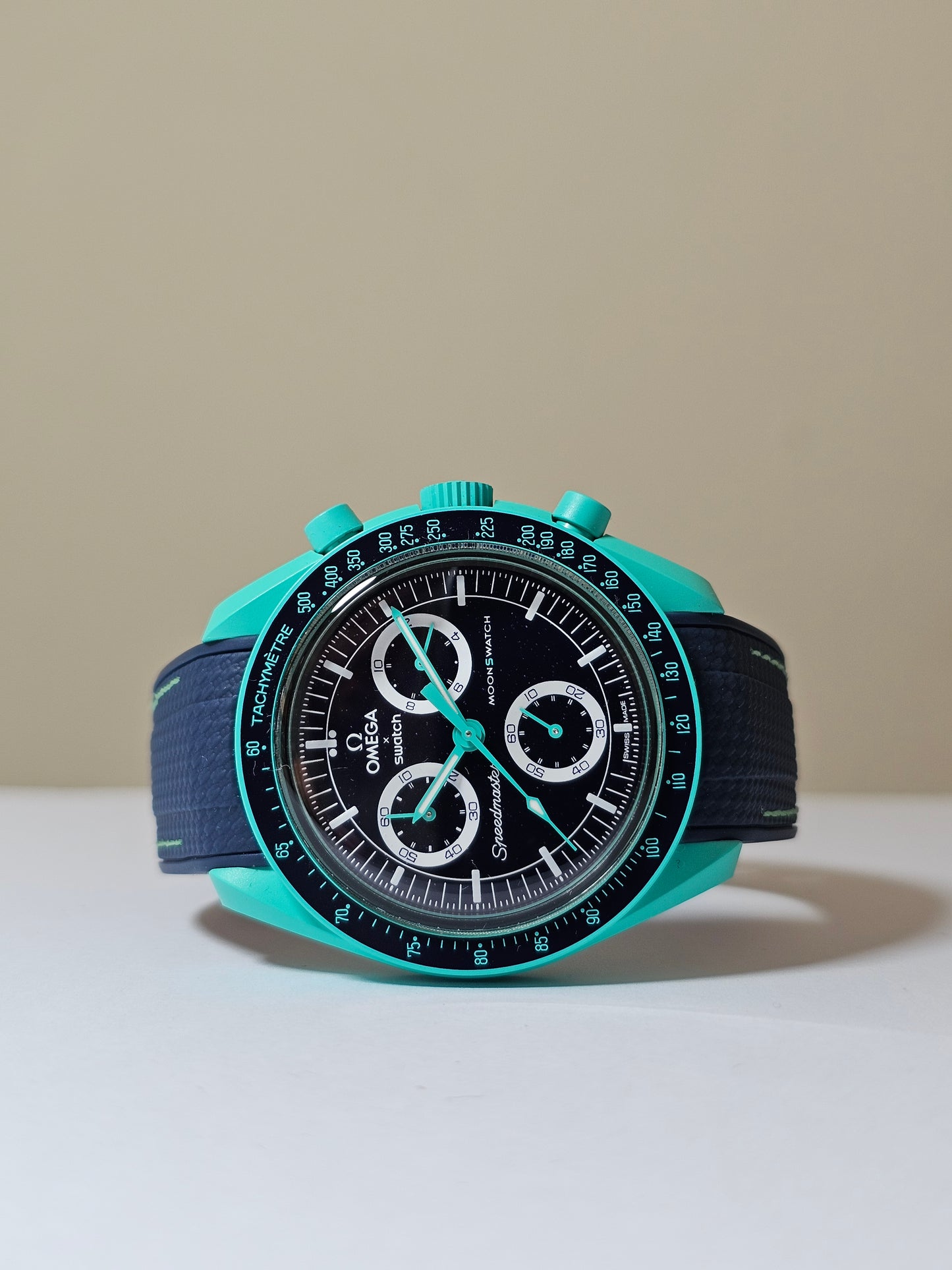 Rubber Curved Strap for Omega x Swatch MoonSwatch – Mission on Earth: Polar Lights – Navy with Green Stitch