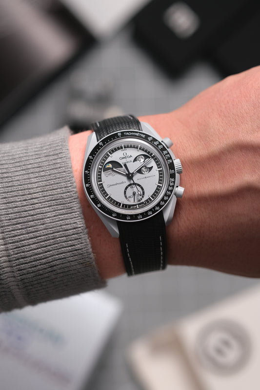 MoonSwatch EarthPhase Rubber Woven Strap — Black with White Stitch