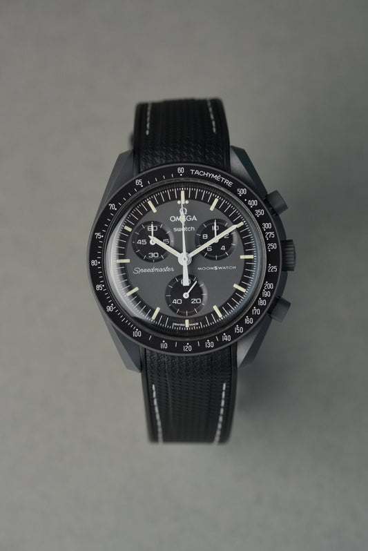 Black and white rubber strap for Swatch x OMEGA MoonSwatch Mission to Mercury with engraved buckle – MGB Watches exclusiv