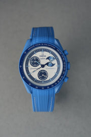 Rubber Curved Strap for Omega x Swatch MoonSwatch – Super Blue MoonPhase – Blue with White Stitch