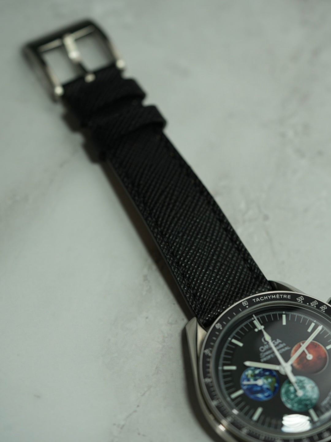  Full-length view of Black Saffiano Leather watch strap for Omega Speedmaster