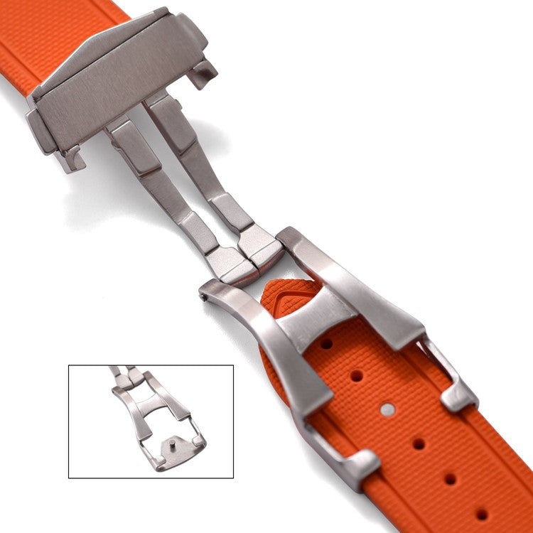 Orange watch strap with silver buckle on a white background