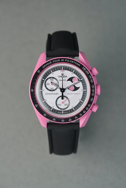 MoonSwatch Pink Moonphase Sailcloth Effect FKM Rubber Strap with Deployant Clasp - Black