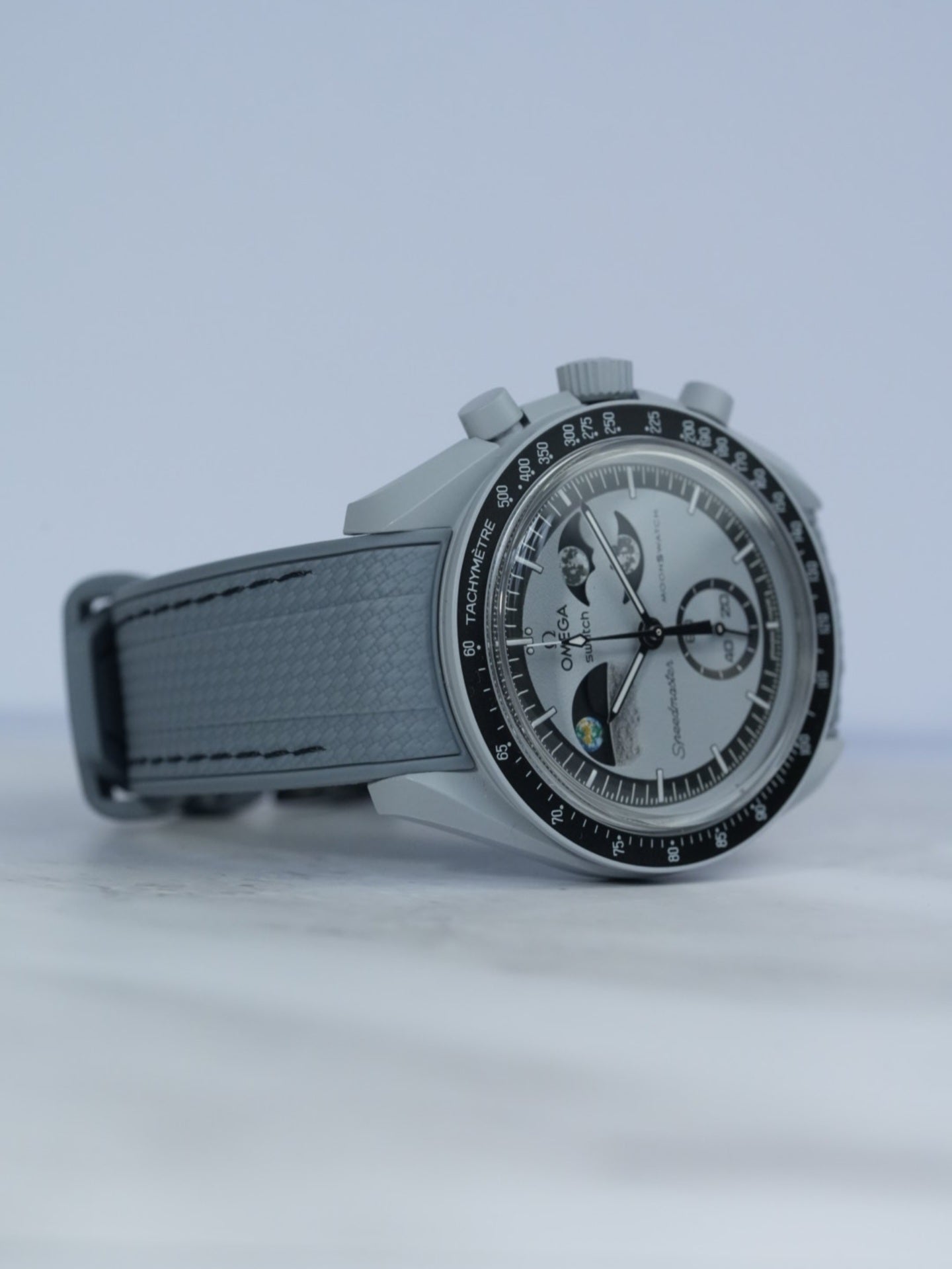 Omega X Swatch EarthPhase "Galileo" MoonSwatch Strap: Grey & Black Rubber Woven