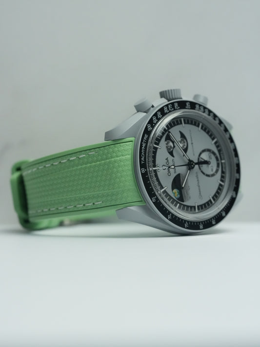 Rubber Curved Strap for Omega x Swatch MoonSwatch – Mission to EarthPhase – Sage Green with White Stitch
