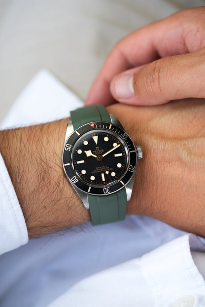 Tudor Black Bay watch on a green FKM rubber strap – premium waterproof strap upgrade for Tudor dive watches.