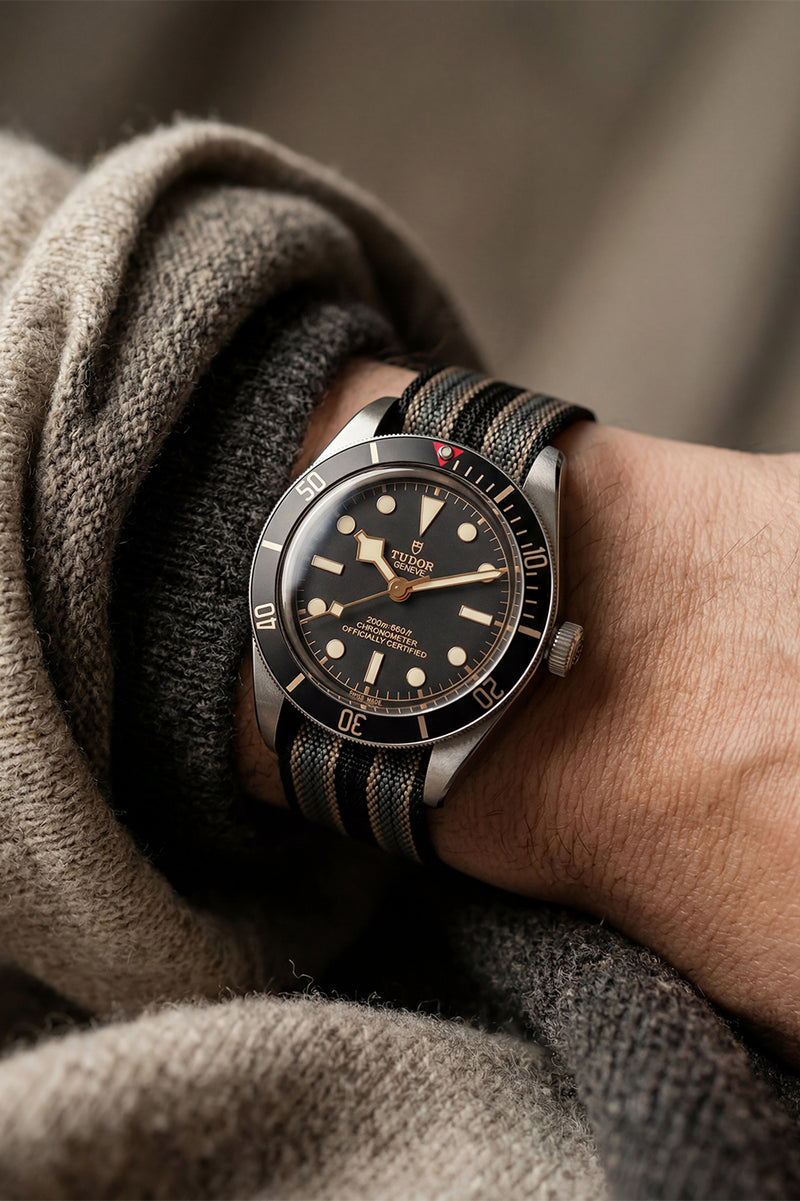 Close-up of a wrist wearing a vintage-style watch with a dark face and leather strap, against a soft, blurred background.