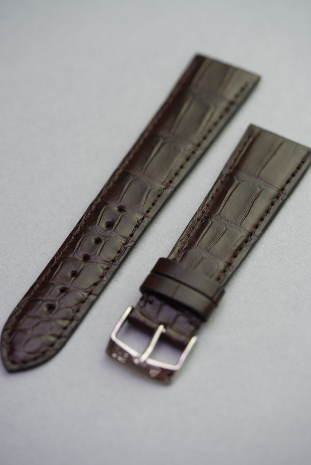 Angled view of alligator grain leather strap in dark brown – suitable for watch strap replacement