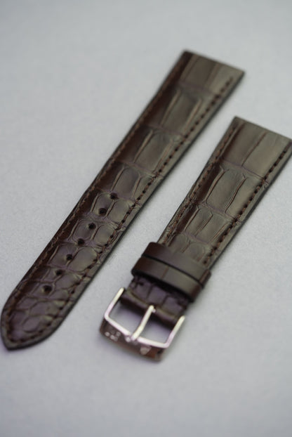 Angled view of alligator grain leather strap in dark brown – suitable for watch strap replacement