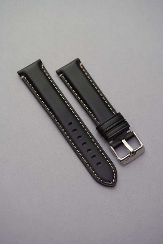Black leather watch strap replacement cream stitch flat strap replacement for Omega Speedmaster