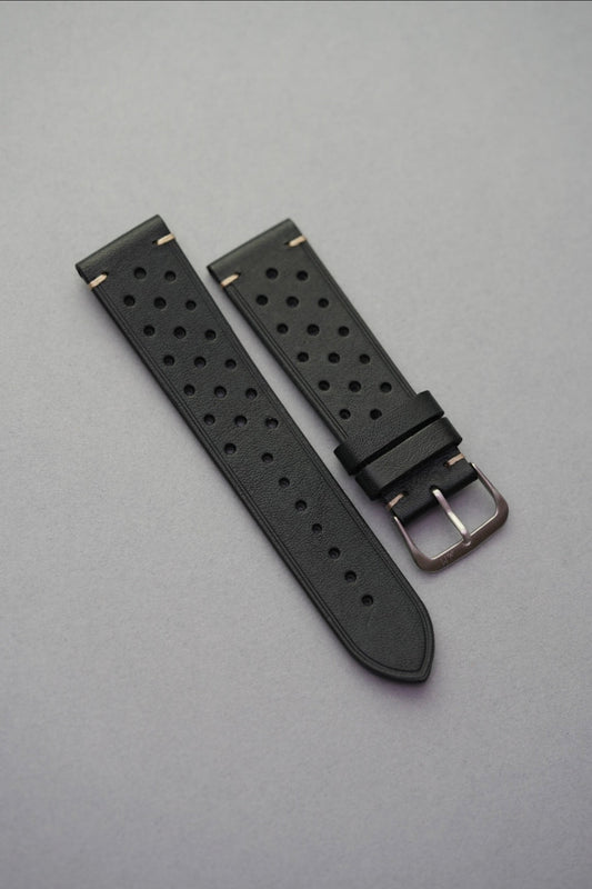 Black perforated leather watch strap replacement standard strap replacement for Omega Seamaster