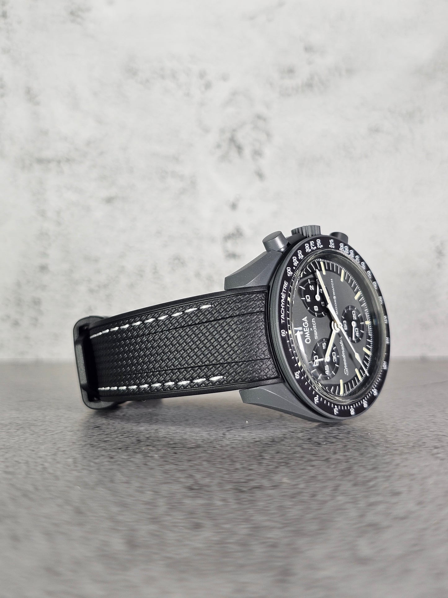 Black and white rubber strap for Swatch x OMEGA MoonSwatch Mission to Mercury with engraved buckle – MGB Watches exclusive